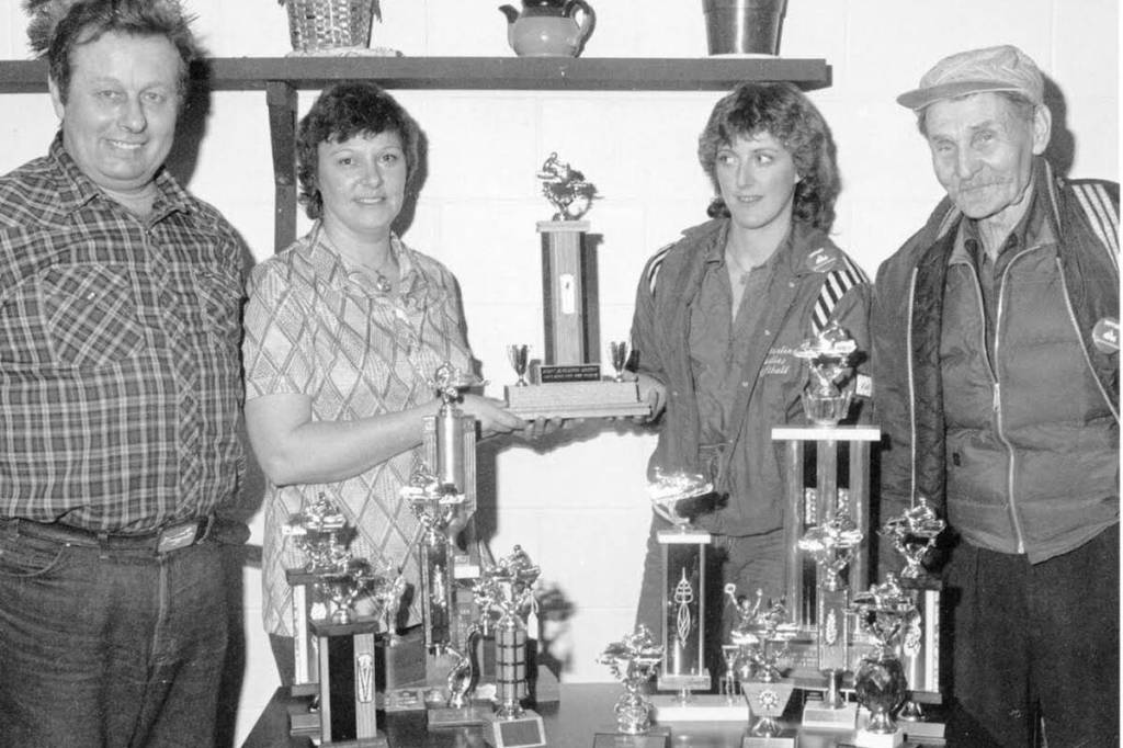 From the Jan. 23, 1985, Observer: &ldquo;All the trophies for Snowarama are ready to go! This annual fund-raising event for the Crippled Children Fund will be held on the lakeshore Sunday morning. Seen with the trophies are Eric Chalke, Jill Chalke, Linda Sturgeon and Arnold Westerberg.&rdquo; (Photo from the Salmon Arm Observer collection and courtesy of the Archives at R.J. Haney Heritage Village & Museum)