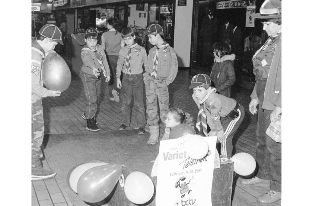 From the Feb. 6, 1985 Observer: &ldquo;Cub Gordon Erickson tries a coin toss game at Centenoka to raise money for the Variety Club Telethon. Cubs from the First Salmon Arm C Pack ran this concession Saturday at the mall.&rdquo; Image from the Salmon Arm Observer collection and courtesy of the Archives at R.J. Haney Heritage Village & Museum.