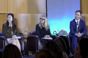 Minister of Tourism, Arts, Culture and Sports Anne Kang, Minister of Agriculture and Food Lana Popham, and Minister of Indigenous Relations and Reconciliation Spender Chandra Herbert sat on a panel at the BC Tourism Industry Conference held in Kelowna Mar. 4-6, 2026. (Brittany Webster/Black Press)