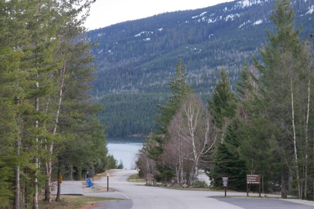 The road leading into Martha Creek Provincial Park and down to the dock and boat launch the Revelstoke Rod & Gun Club uses in spring and summer for fishing, pictured April 12, 2025. (Evert Lindquist/Revelstoke Review)