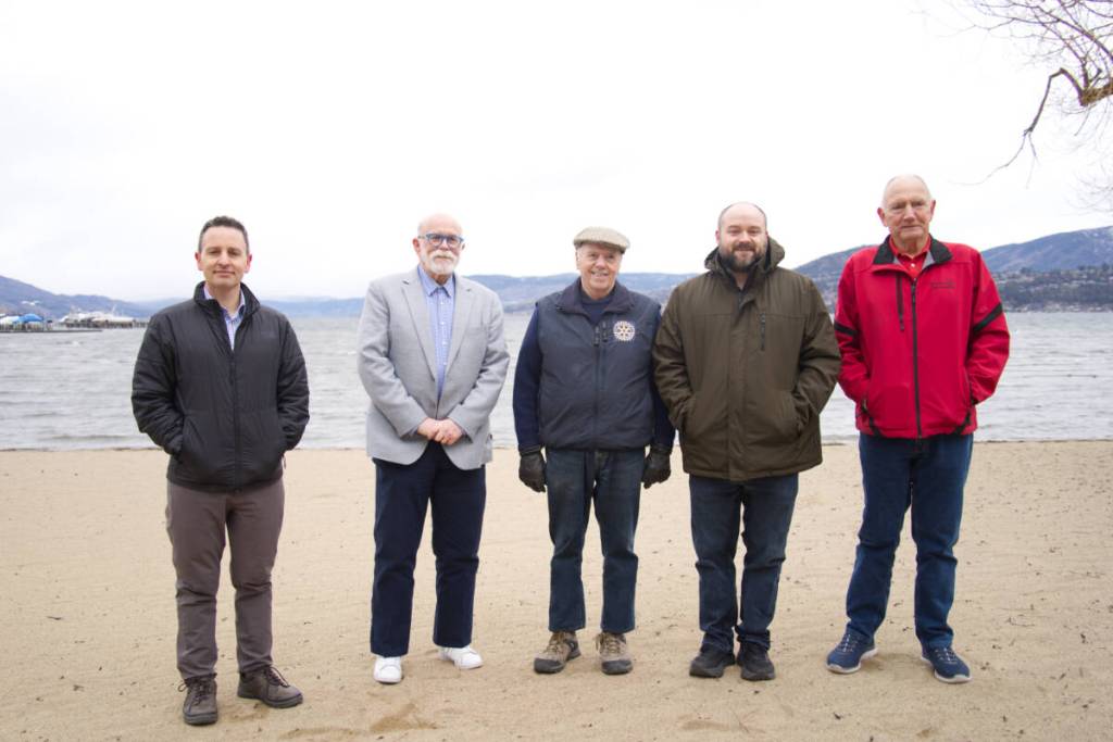 (Left to right) UBC Okanagan professor Michael Russello, OBWB Chair Blair Ireland, Colin Pritchard, OBWB Chief Operating Officer James Littley and Kelowna Rotary Club member Doug Gossoo. (Ty Lim/Kelowna Capital News)
