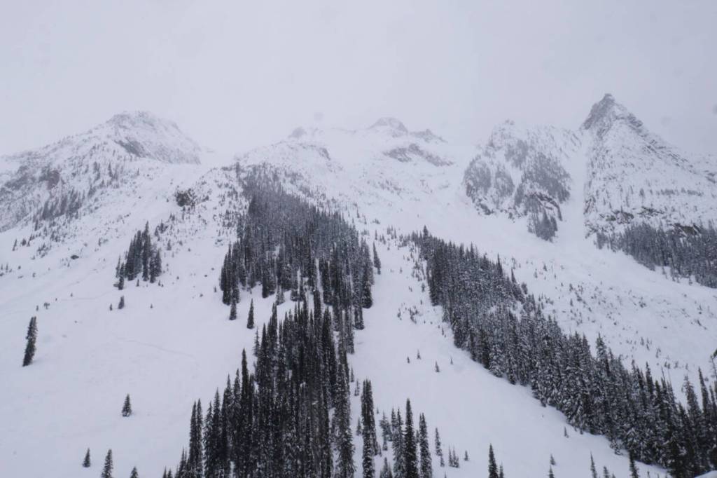 Snowy mountains and avalanche paths in the Loop Brook winter restricted area of Glacier National Park, pictured Saturday, March 14. (Evert Lindquist/Revelstoke Review)